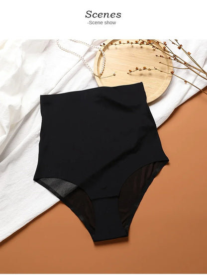 European American Plus Size Women's High Waist Ice Silk Trousers Firm Nylon Briefs Traceless Lace Stitching Thin Body Shaping.