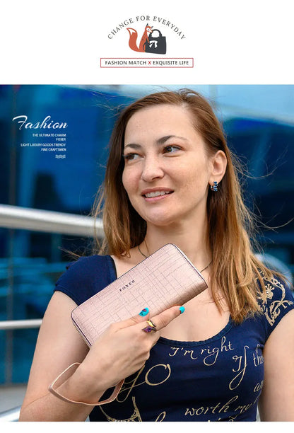 FOXER Women Split Leather Wallet Bifold Clutch Bag with Wristlet Fashion Card Holder Coin Purse Cellphone Bag Female Money Bag.