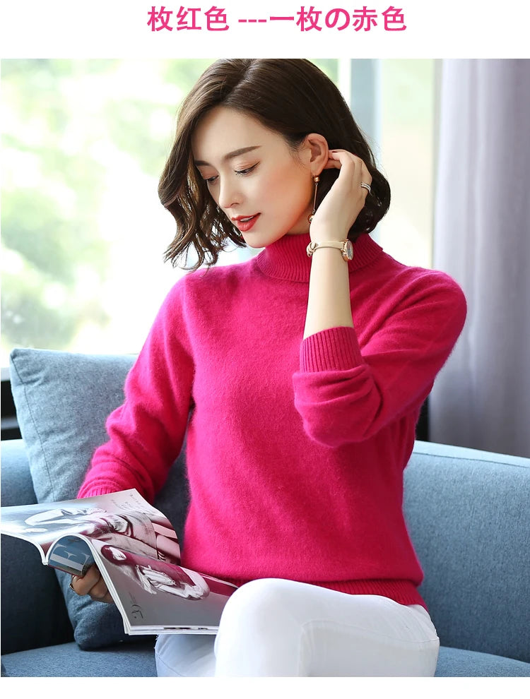 Herbst Winter 100% Nerz Kaschmir Pullover Frauen Strickwaren Pullover Dicke Warme Einfarbig Plus Größe Basis Hohe Revers Kleidung Tops