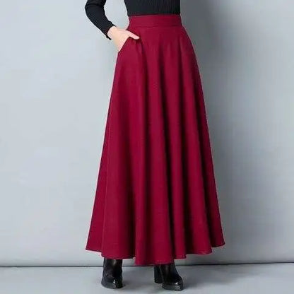 FairyShely 2025 Autumn Winter Retro High Waist Pleated Skirt Women Casual Pocket Woolen Maxi Skirt female Flare Red Long skirt