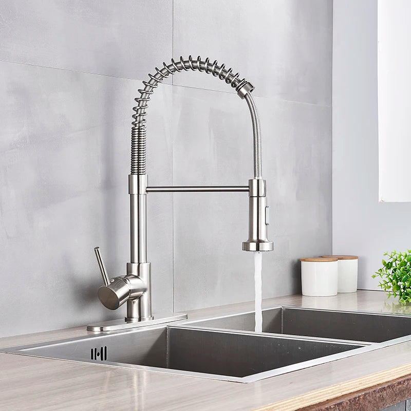 Spring Brushed Nickel Kitchen Faucet Deck Mounted Mixer Tap 360 Degree Rotation Stream Sprayer Nozzle Kitchen Sink Hot Cold Taps