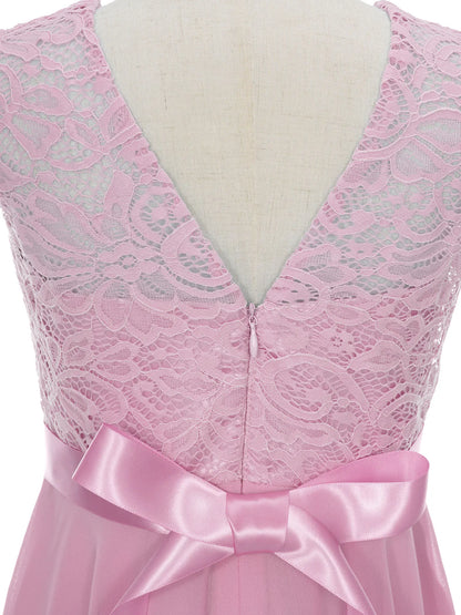 Blumenmädchen-Chiffonkleid mit floraler Spitze, Sommer, ärmellos, hoher, niedriger Saum, formelles Hochzeitskleid für Brautjungfer, Junior, Prinzessin