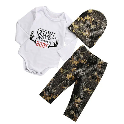 3PCS Crawl Walk Hunt Neugeborenen Baby Jungen Strampler Tops Hosen Hut Outfits Set Kleidung Unterstützung Großhandel.