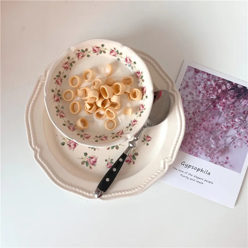 Ceramic Plate French Style Retro Floral Reliefs Food Plate Yogurt Salad Bowl Dessert Plate Dish Dinner Wedding Set Dinner Plates.