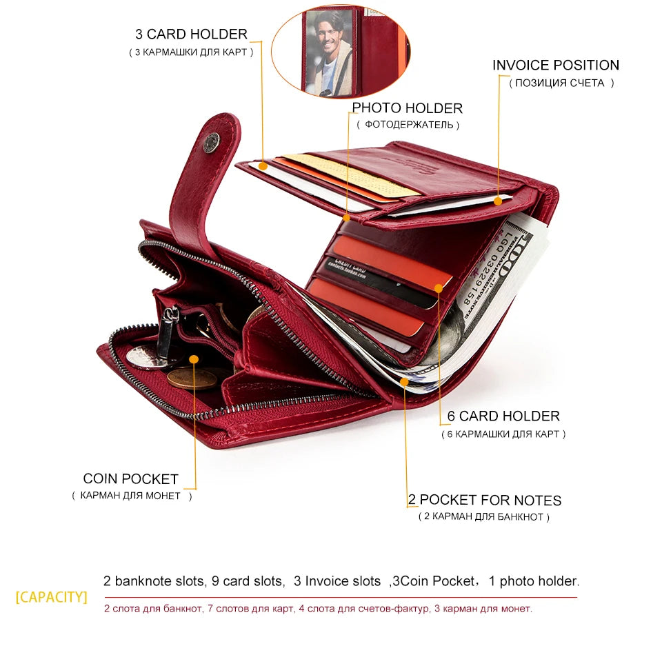 Contact'S Genuine Leather Wallets Women Men Wallet Short Small RFID Blocking Card Holder Wallets Ladies Red Coin Purse.