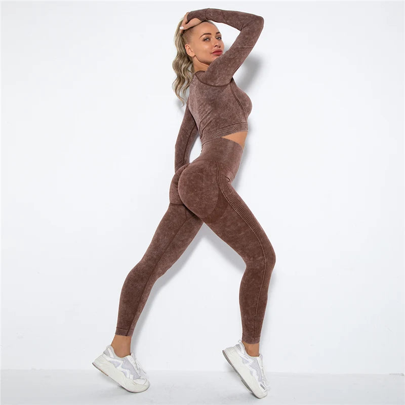 Women Seamless Yoga Set Fitness Sports Suits Gym Clothing Long Sleeve Crop Top Shirts High Waist Running Leggings Workout Pants.