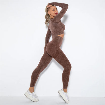 Women Seamless Yoga Set Fitness Sports Suits Gym Clothing Long Sleeve Crop Top Shirts High Waist Running Leggings Workout Pants.