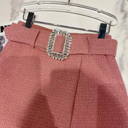 2022 Spring Autumn New shiny sequins Plaid Shorts with Belt for Lady Rhinestone Bright Silk Tweed Folding Short Boots Women