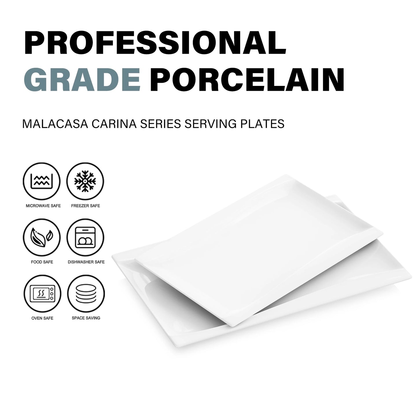 MALACASA Carina 2-Piece Ivory White Porcelain Dinner Plate Set Tableware Fruit Snack Dishes with 11" & 13.25" Rectangular Plate.