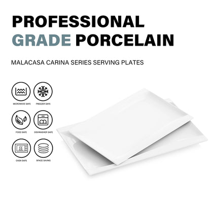 MALACASA Carina 2-Piece Ivory White Porcelain Dinner Plate Set Tableware Fruit Snack Dishes with 11" & 13.25" Rectangular Plate.