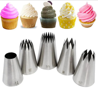 5pcs Large Metal Cake Cream Decoration Tips Set Pastry Tools Stainless Steel Piping Icing Nozzle Cupcake Head Dessert Decorators.