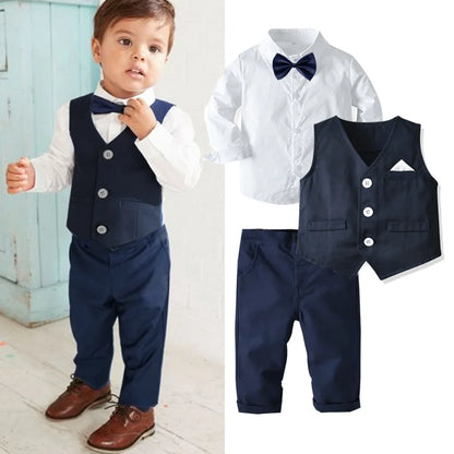 Formal Birthday Boy Outfits Cotton Kid Clothes Set Toddler Long-sleeved Shirt with Bow Tie + Vest + Trouser Suit Boys Party Wear.