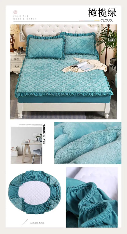 Fashion Flannel Bed Fitted Sheet Quilted Mattress Cover Soft and Comfortable Lace Fit Elastic Band Bed Sheet