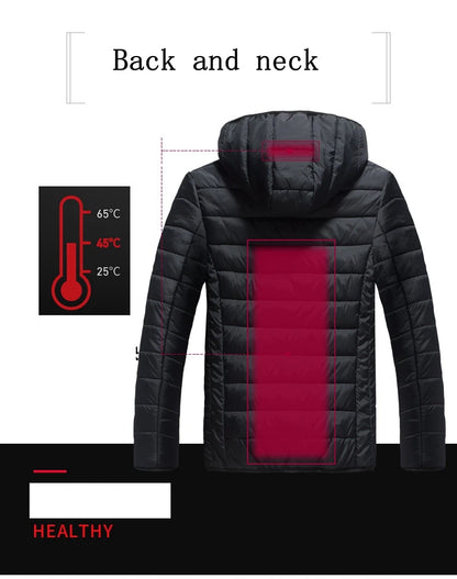 Men's parka Winter Warm USB Heating Jackets Smart Thermostat Pure Color Hooded Heated Clothing male bobojaco Warm padded jacket.