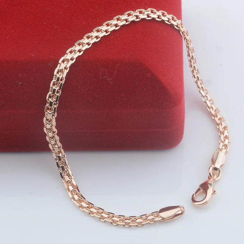 3mm 5mm Wide Men Women 585 Rose Gold Color Weaving Curb Bracelets Chains Jewelry.