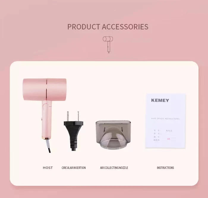 Kemei Professional Blow Dryer Negative Ion Smoother Hair Care Fast Drying Foldable Portable Pink Hair Dryer Home Travel Salon