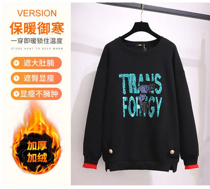 150 kg Übergröße Damen Büste 157 Winter Fleece Lose Pailletten Brief Sweatshirts Rundhals Pullover Top 5XL 6XL 7XL 8XL 9XL