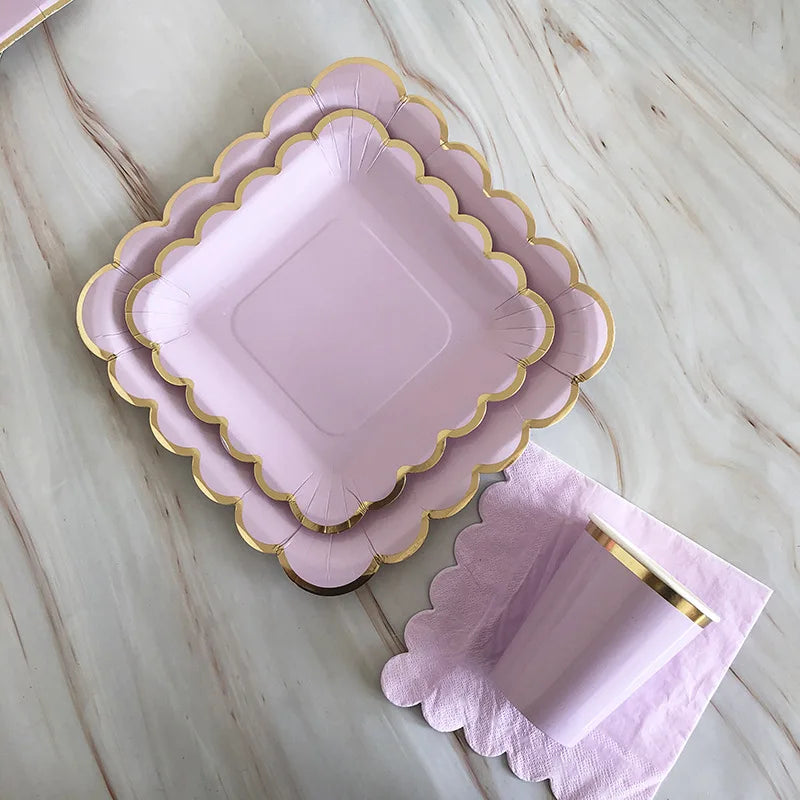 40pcs/set Yellow Green Pink Blue Paper Plates Cups Disposable Tableware Set for Wedding Birthday Party Baby Shower Supplies.