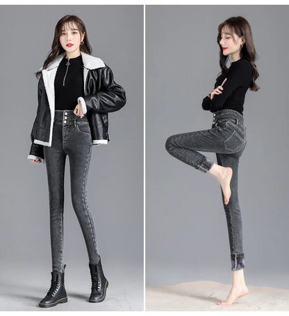 Thermische Winter Dicke Fleece High-taille Warme Dünne Jeans Dicke Frauen Stretch Taste Bleistift Hosen Mom Casual Samt Jeans