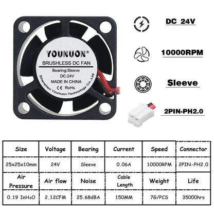 2 Pieces Dual Ball 2510 25mm 25x25x10mm Graphics Card Cooling Fan 5V 12V 24V M.2 SSD Fan with 2 PIN.