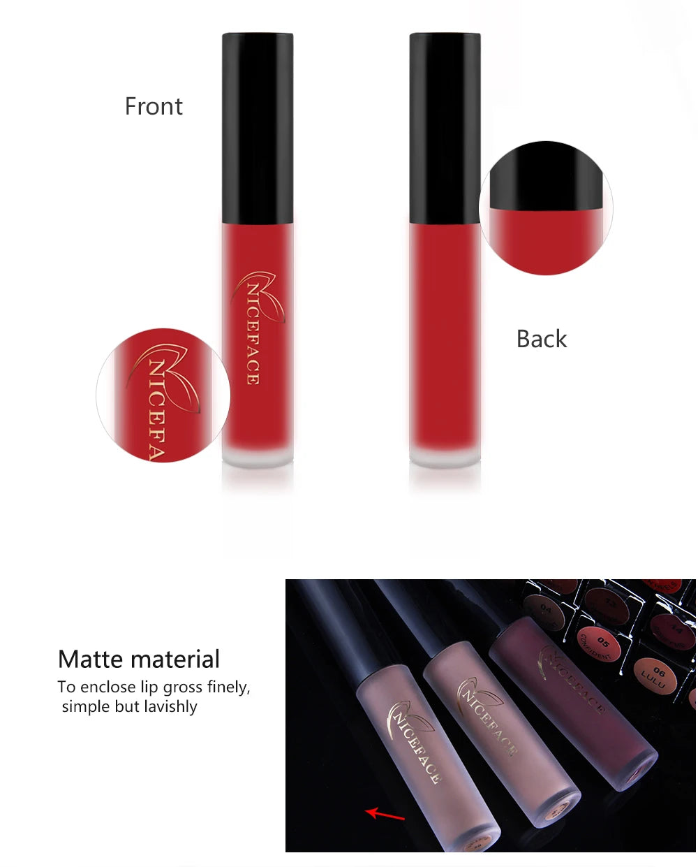 NICEFACE Matte Liquid Lipstick Waterproof Long Lasting Lip Gloss Tint Sexy Red Nude Purple Metallic Lipsticks Makeup Cosmetics.