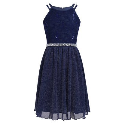 Iiniim Teen Mädchen Ärmellose Pailletten Floral Spitze Glänzenden Kleid Vestido de festa für Hochzeit Formale Geburtstag Party Sommer Kleider