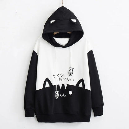 Spring Ladies Long Sleeve Cat Sweatshirt Womens Casual Kitty Cat Print Pocket Thin Hoodie Blouse Top Shirt худи женское платье.