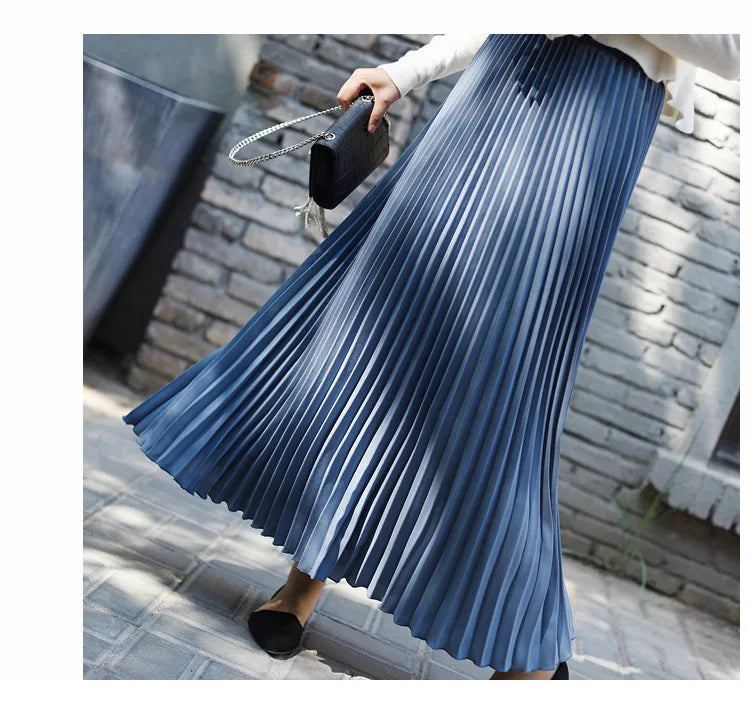 Classical Women Pleated Skirt 90cm/80cm Long Female Elastic Waist Skirt Big Size Velvet Pleated Skirt for Winter Ankle-Length