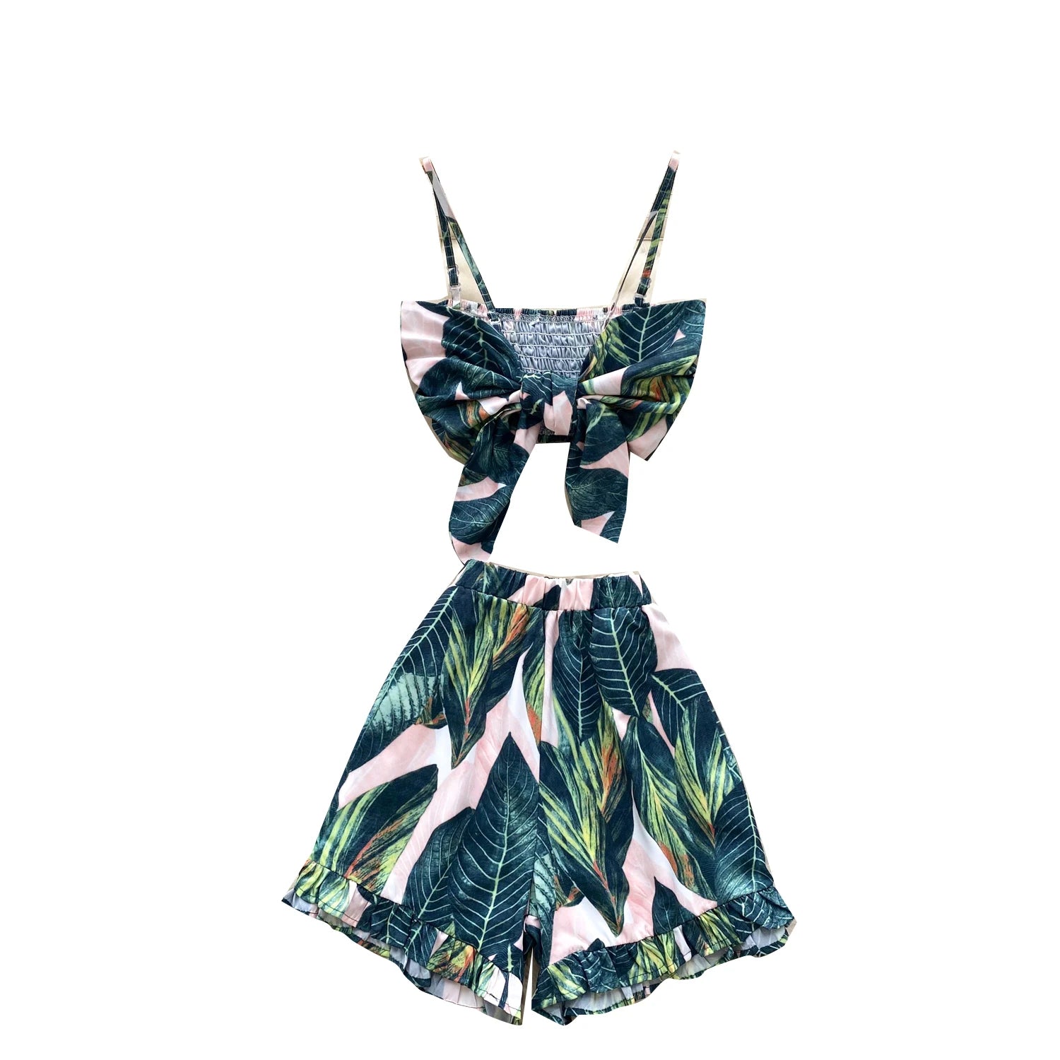 Summer Women's Casual Sets Bandage Top And High Waist Printed Shorts Set American Clothing Wholesale.