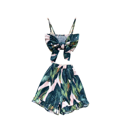 Summer Women's Casual Sets Bandage Top And High Waist Printed Shorts Set American Clothing Wholesale.