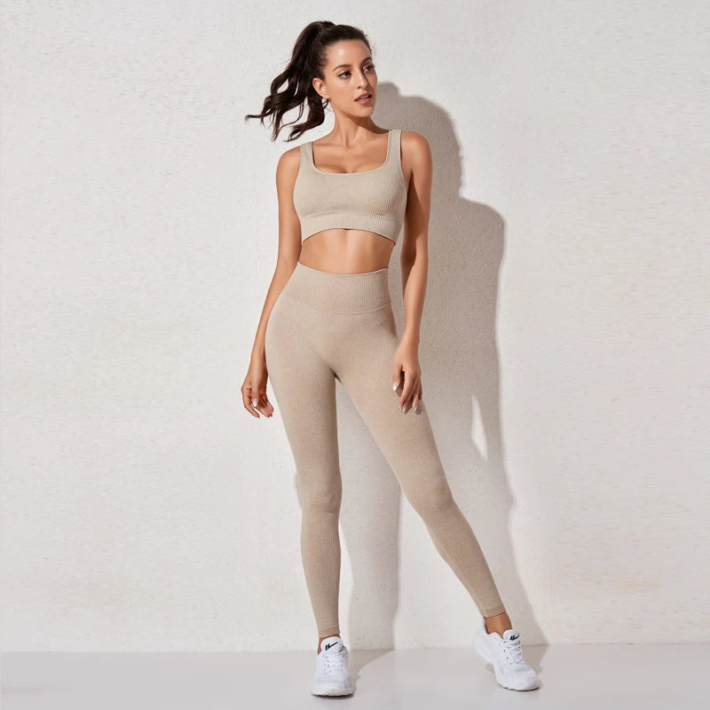 Women's Sportswear Yoga Set Workout Clothes Athletic Wear Sports Gym Legging Seamless Fitness Bra Crop Top Long Sleeve Yoga Suit.