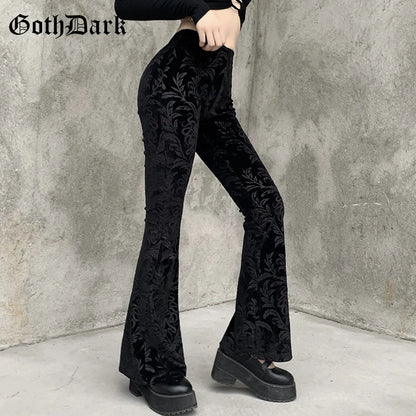 Goth Dark Vintage Floral Scratched Mall Gothic Pants Velvet High Waist Skinny Flare Trousers for Women Streetwear Cyber Y2K Pant.