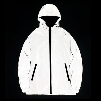 NEW SIZE Night Reflective Jackets Double Fabric Windbreaker Hooded Jacket Men Hip Hop Dancer Waterproof Zipper Coats Outwear.
