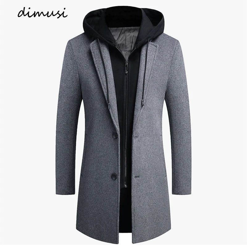 DIMUSI Winter Men's Hooded Wool Jackets Casual Middle Long Scarf Collar Cotton Thick Woolen Coat Male Luxurious Trench Clothing.