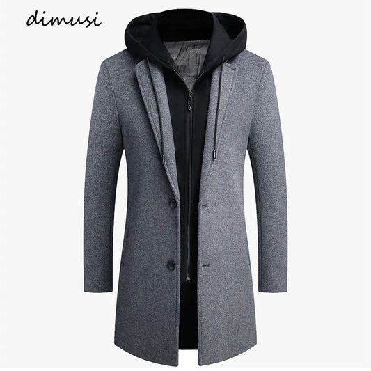 DIMUSI Winter Men's Hooded Wool Jackets Casual Middle Long Scarf Collar Cotton Thick Woolen Coat Male Luxurious Trench Clothing.