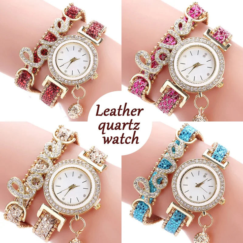 Vintage Watch Women Bracelet Watches Ladies Love Leather Strap Rhinestone Quartz Wrist Watch Quartz Watches Women's Watch.