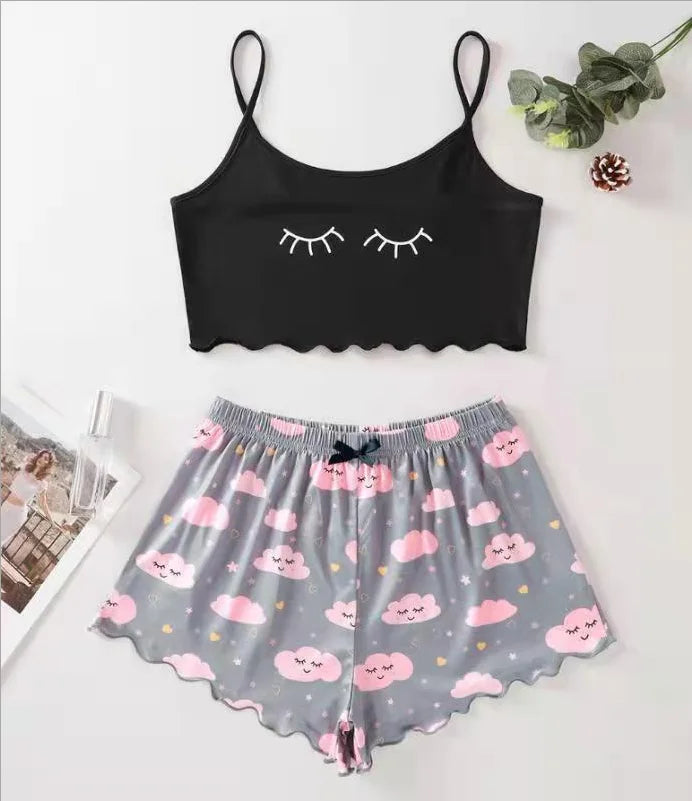 Heiße Damen-Nachtwäsche, süßer Cartoon-Druck, kurzes Set, Pyjama für Damen, Pyjama-Set, süßes Kurzarm-V-Ausschnitt und Shorts, Sommer-Pyjama.
