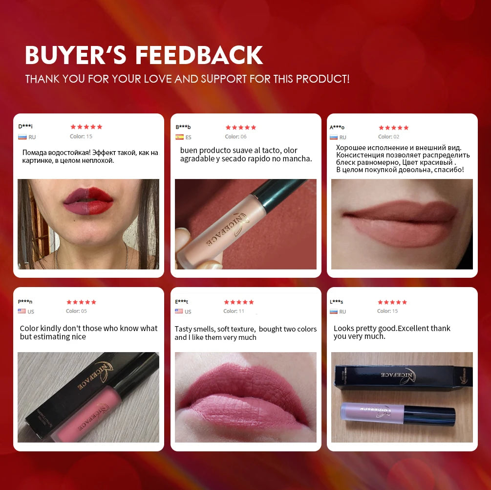 NICEFACE Matte Liquid Lipstick Waterproof Long Lasting Lip Gloss Tint Sexy Red Nude Purple Metallic Lipsticks Makeup Cosmetics.