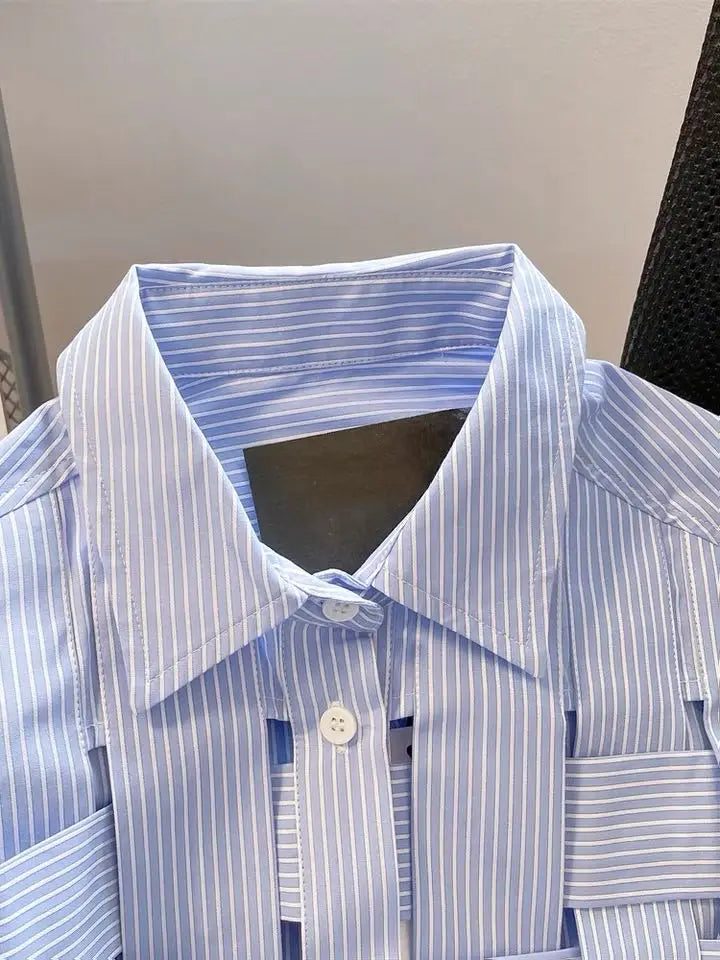 Wholesale 2025 Spring New Blue Long Sleeved Striped Shirts for Women Polo Neck Cool and Elegant Women's Shirts.