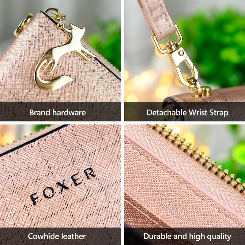 FOXER Women Split Leather Wallet Bifold Clutch Bag with Wristlet Fashion Card Holder Coin Purse Cellphone Bag Female Money Bag.