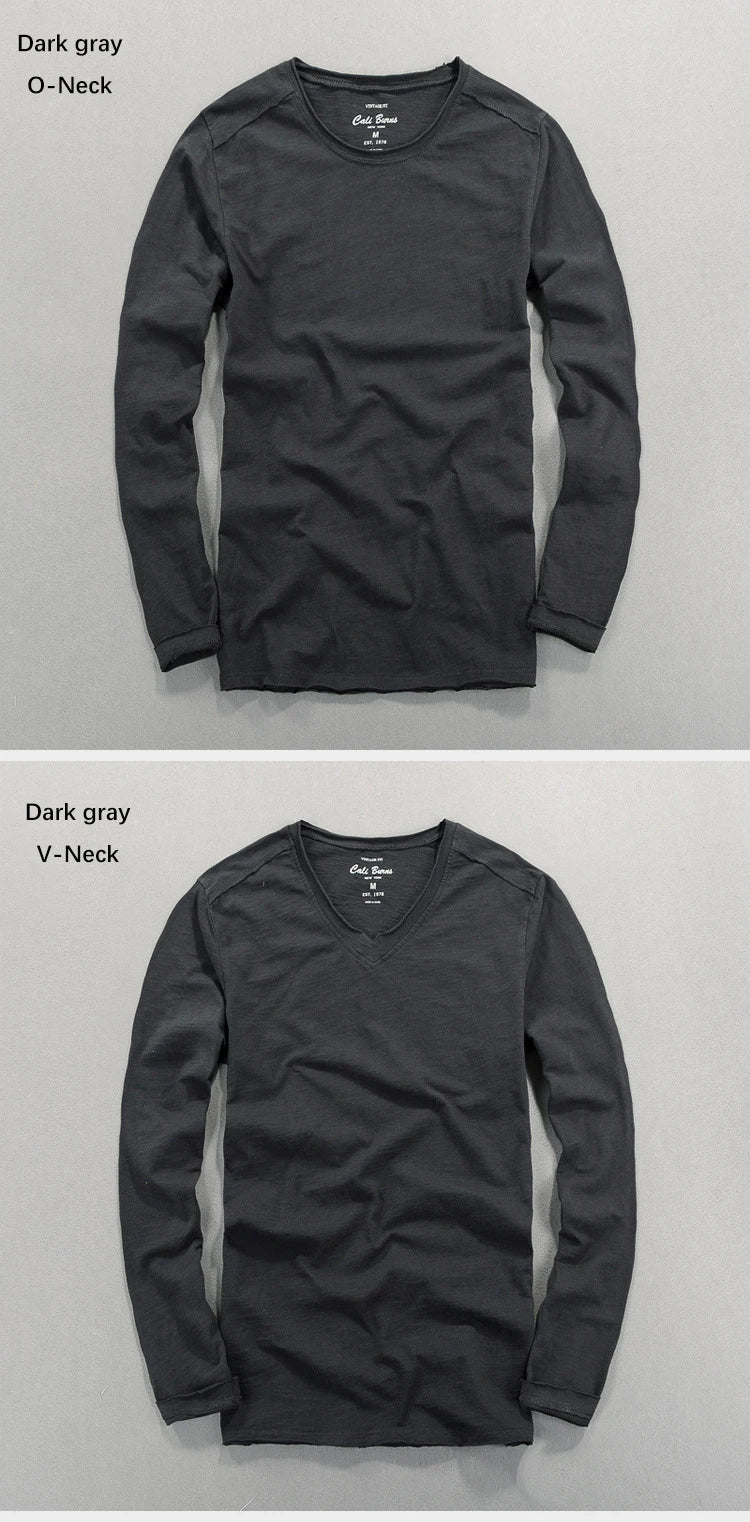 Fashionable Bamboo Cotton Long Sleeve Vintage T-shirts Men Casual Thin Tops Tees Comfortable Tshirt Distressed T-shirt.