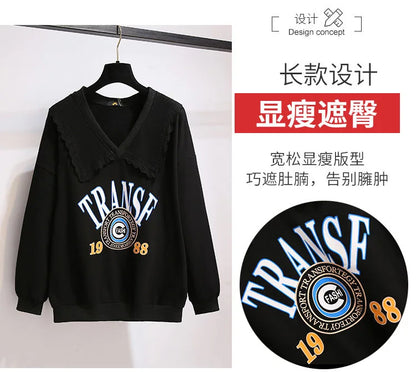 150Kg Plus Größe frauen Herbst Faul Stil Puppe Kragen Sweatshirts Fehlschlag 157cm 6XL 7XL 8XL 9XL 10XL lose Dünnen Langen Ärmeln Top