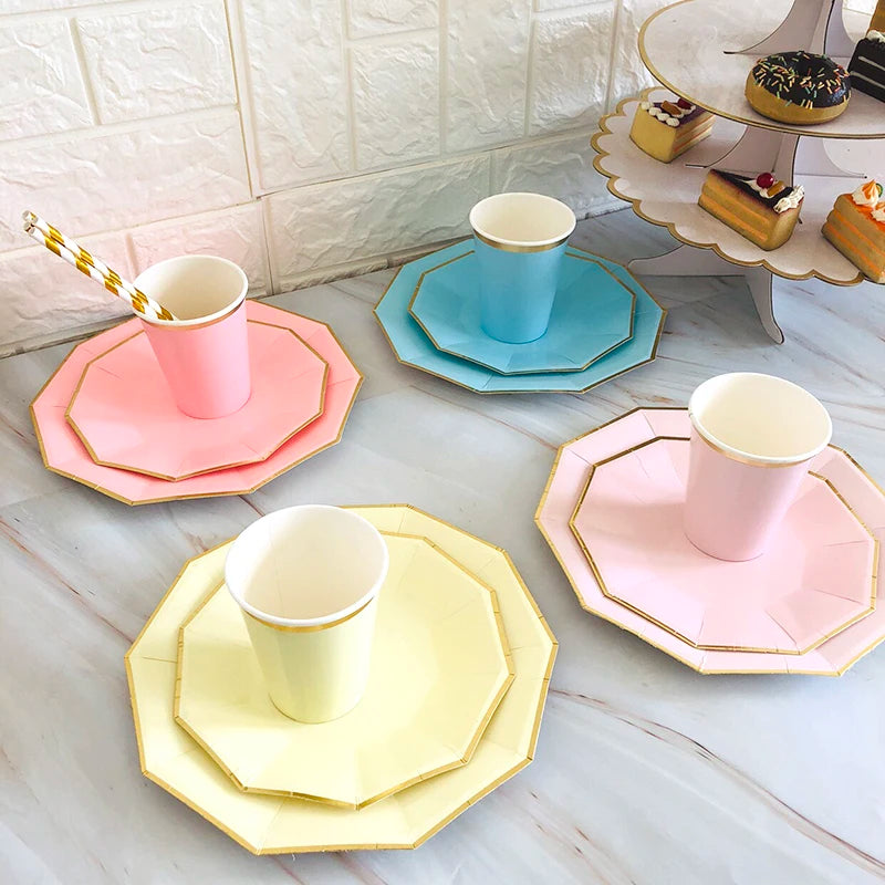 40pcs/set Yellow Green Pink Blue Paper Plates Cups Disposable Tableware Set for Wedding Birthday Party Baby Shower Supplies.