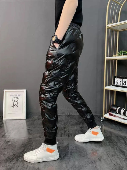 2022 New Men Shiny Winter Down Pant Thick Warm Sweatpants Casual Trousers Slim Outdoor Windproof Waterproof Cotton Pants.