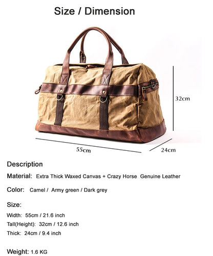 Wasserdichte gewachste Canvas Leder Herren Reisetasche Handgepäcktasche Handgepäck Große Tragetasche Vintage Herren Duffle Wochenendtasche große Übernachtung