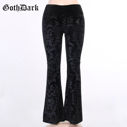 Goth Dark Vintage Floral Scratched Mall Gothic Pants Velvet High Waist Skinny Flare Trousers for Women Streetwear Cyber Y2K Pant