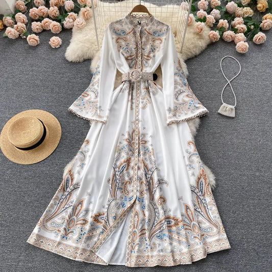 Fall Vintage Stand Collar Casual Midi Dress For Women Flare Sleeve Empire Printed Lace Dress