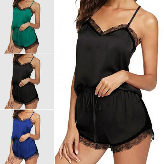 Heißer verkauf damen sommer sexy seide spitze einfarbig pyjamas leibchen top shorts haut-freundliche hause unterwäsche pyjamas set einzelhandel