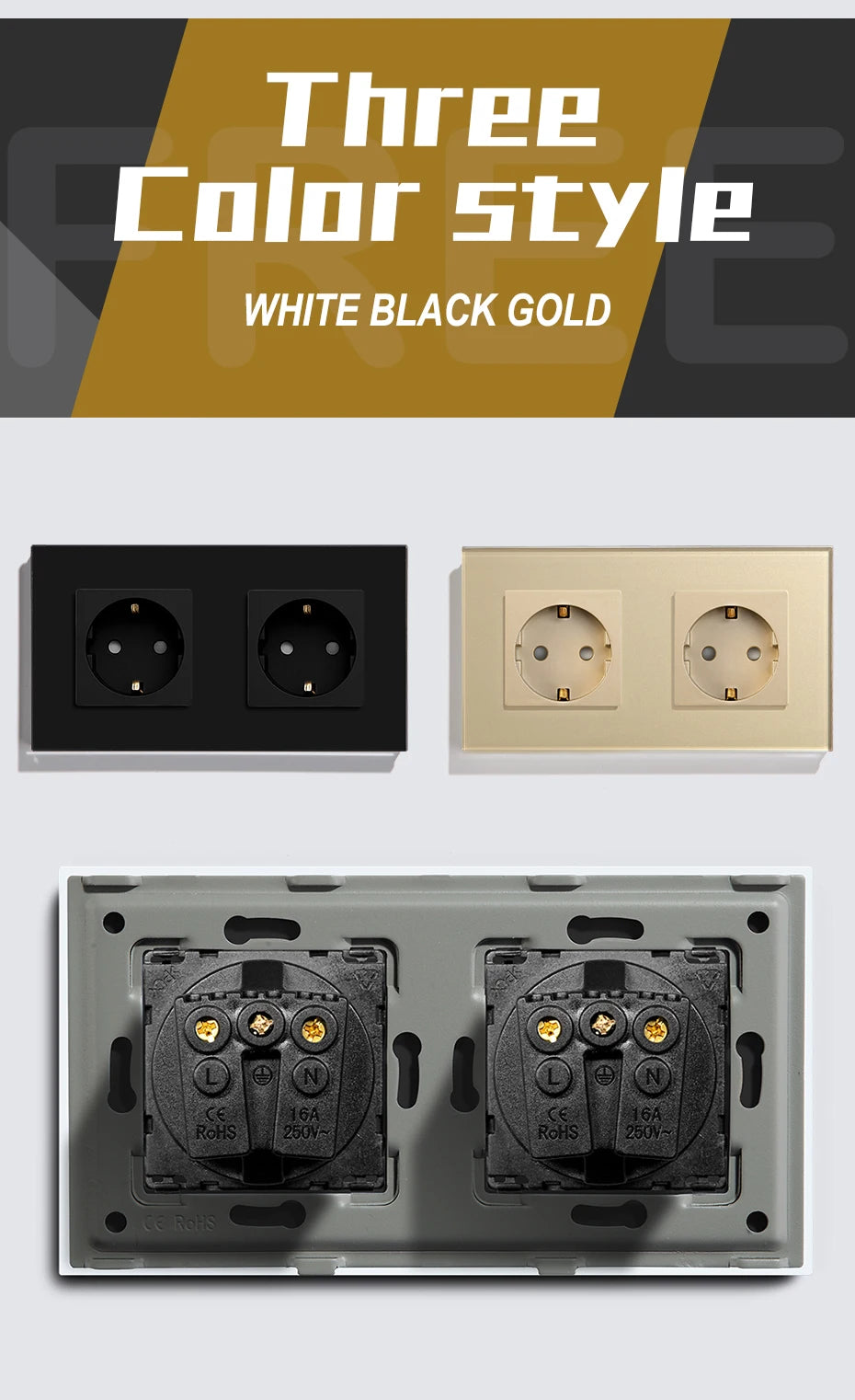 BSEED Touch-Lichtschalter, EU-Standard-Wandsteckdose mit USB Typ-C-Kristallglasscheibe, weiße Farbe, Netzstecker, 1/2/3 Gang-Schalter.