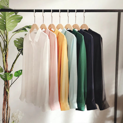 SuyaDream Damen-Seidenhemden, 100 % echte Seide, solide, langärmelige, schicke Blusen mit Knöpfen, 2025, Frühling, Sommer, Büro-Dame-Top, Weiß.